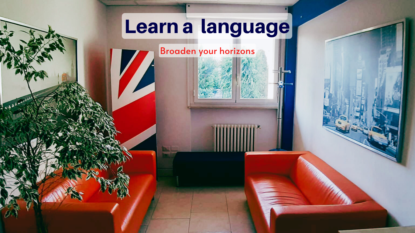 Language school lounge with Learn a language banner